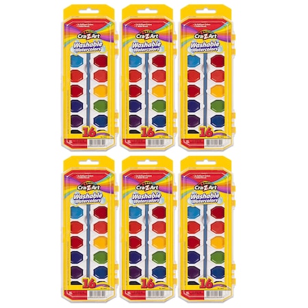 Cra-Z-Art Washable Watercolors with Brush, Peggable Tray, 16 Colors Per Set, 6PK 10652WM36